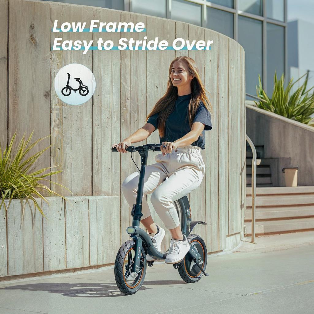 New foldable mini scooter with 14 inch tires, 36v10Ah battery, 350W high-power motor, maximum speed of 25KM/h, front disc brake, rear electronic brake, aluminum alloy body, compact folding volume, and a maximum travel of 25 miles