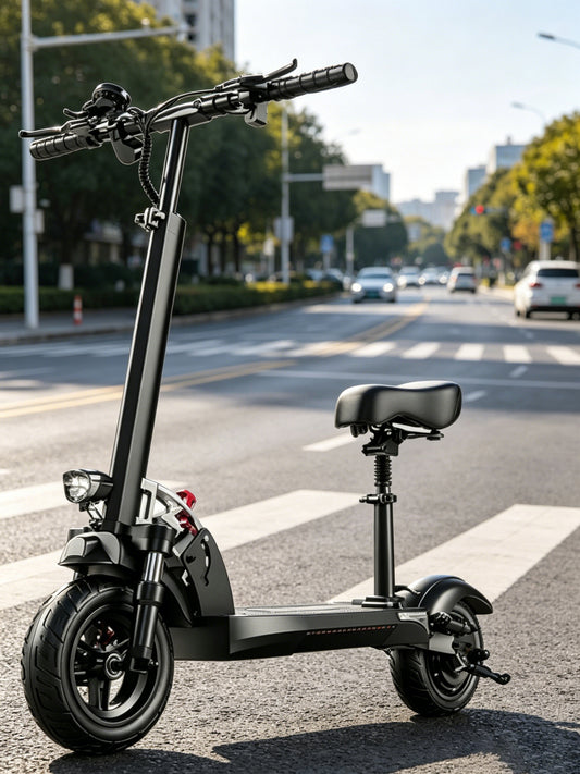 6MSKS M4X Urban commuter 10-inch electric scooter 48V 800W powerful motor maximum speed 28MPH maximum travel 50KM front and rear dual suspension shock absorption and double disc brake with seat package long commute