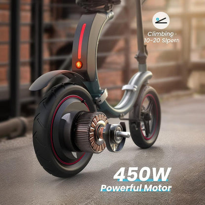 New foldable mini scooter with 14 inch tires, 36v10Ah battery, 350W high-power motor, maximum speed of 25KM/h, front disc brake, rear electronic brake, aluminum alloy body, compact folding volume, and a maximum travel of 25 miles