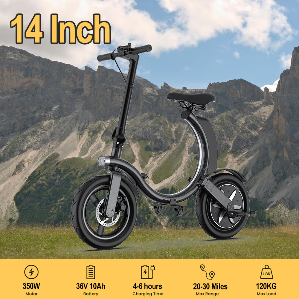 New foldable mini scooter with 14 inch tires, 36v10Ah battery, 350W high-power motor, maximum speed of 25KM/h, front disc brake, rear electronic brake, aluminum alloy body, compact folding volume, and a maximum travel of 25 miles