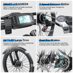 Bicicleta eléctrica - Motor sin escobillas potente de 250 W, 25 km/h, autonomía de 55 km, transmisión de 7 velocidades