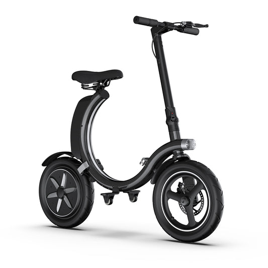 New foldable mini scooter with 14 inch tires, 36v10Ah battery, 350W high-power motor, maximum speed of 25KM/h, front disc brake, rear electronic brake, aluminum alloy body, compact folding volume, and a maximum travel of 25 miles