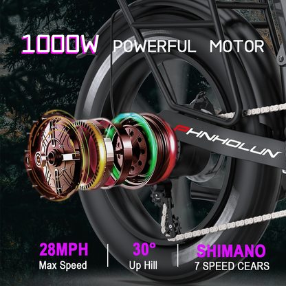 Electric bicycle, 1000W motor, 28 miles per hour, 50 miles range, 48V17.5AH battery electric bicycle, 20 inch tires, off-road electric bicycle, suitable for urban commuting, mountain off-road, and travel commuting