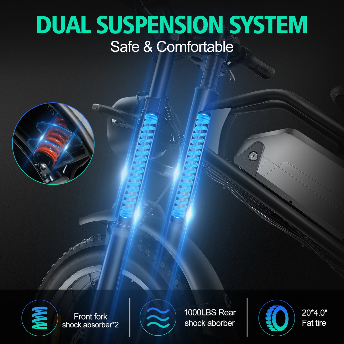 DK401 Ebike electric bike 20“Fat Tire Dirt Bike, 1000W Motor 48V18AH Removable Battery, 7 Speed Electric Motorcycle, 40-60 Miles Range, 28MPH