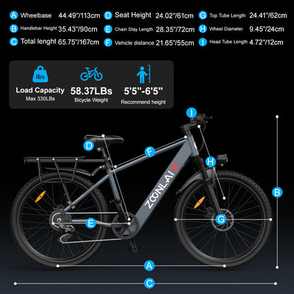 6MSKS 500W Electric Bike for Adults, 40Mi 20MPH Commuting & Mountain E-Bike, 360Wh Removable Battery, 7-Speed, 24" Tires with Front Suspension