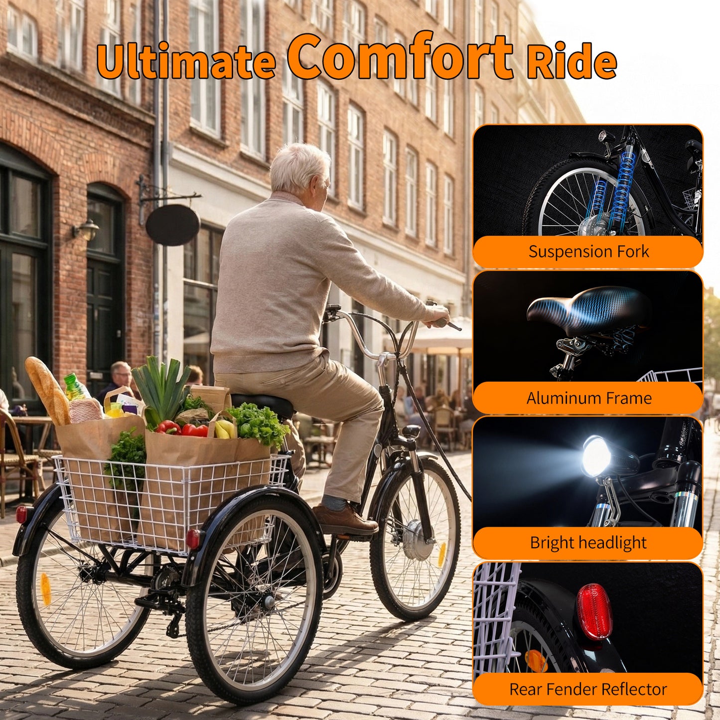 6MSKS 24" Electric Bicycle Three Wheels 250W Powerful Motor 36v15ah Removable Battery Longest Endurance 31 Miles Leisure