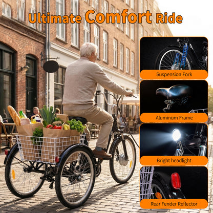 6MSKS 24" Electric Bicycle Three Wheels 250W Powerful Motor 36v15ah Removable Battery Longest Endurance 31 Miles Leisure