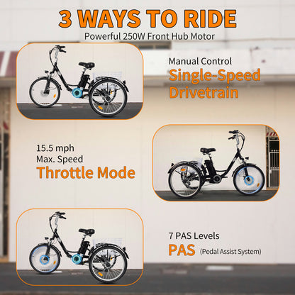 6MSKS 24" Electric Bicycle Three Wheels 250W Powerful Motor 36v15ah Removable Battery Longest Endurance 31 Miles Leisure