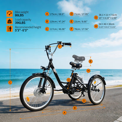 6MSKS 24" Electric Bicycle Three Wheels 250W Powerful Motor 36v15ah Removable Battery Longest Endurance 31 Miles Leisure