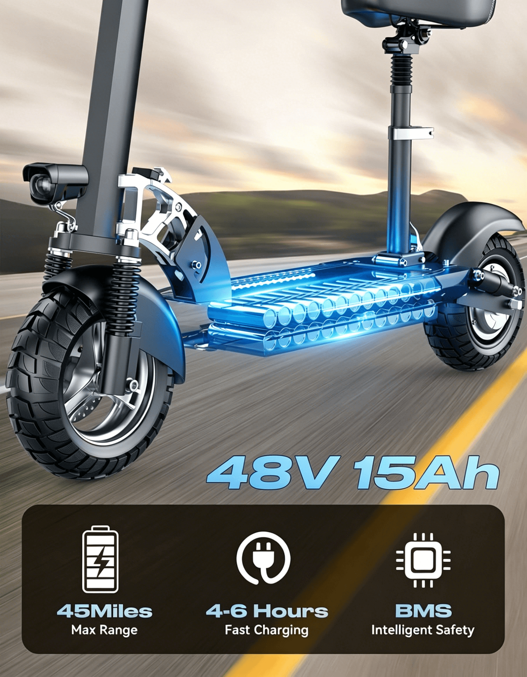 6MSKS M4X Urban commuter 10-inch electric scooter 48V 800W powerful motor maximum speed 28MPH maximum travel 50KM front and rear dual suspension shock absorption and double disc brake with seat package long commute