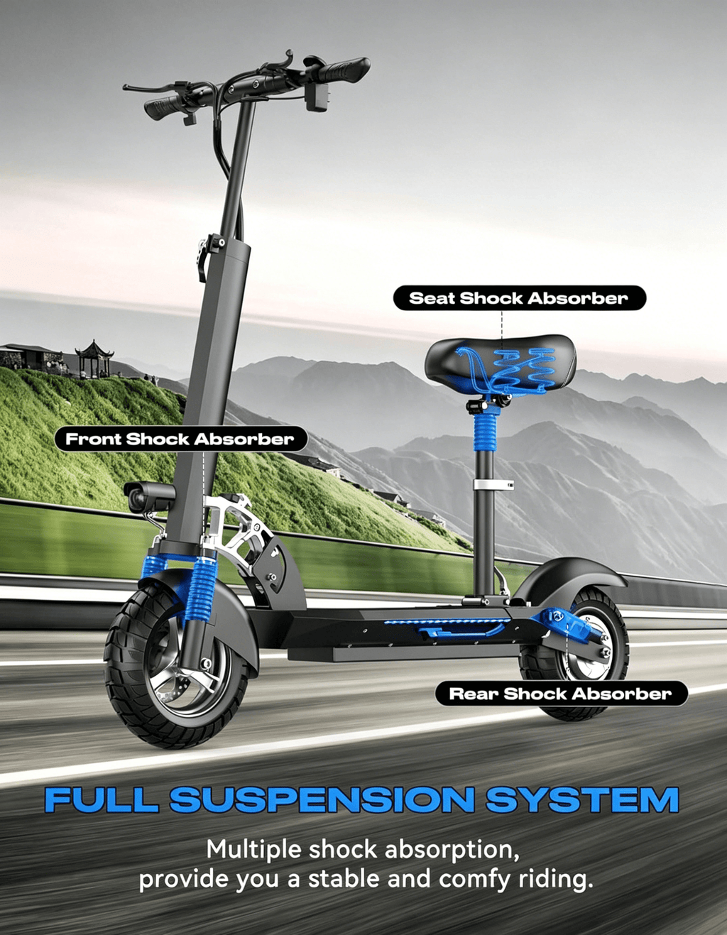 Patinete eléctrico urbano 6MSKS M4X de 10 pulgadas, motor potente de 48 V 800 W, velocidad máxima de 45 km/h, autonomía máxima de 50 km, amortiguación de doble suspensión delantera y trasera y doble freno de disco con paquete de asiento para viajes largos