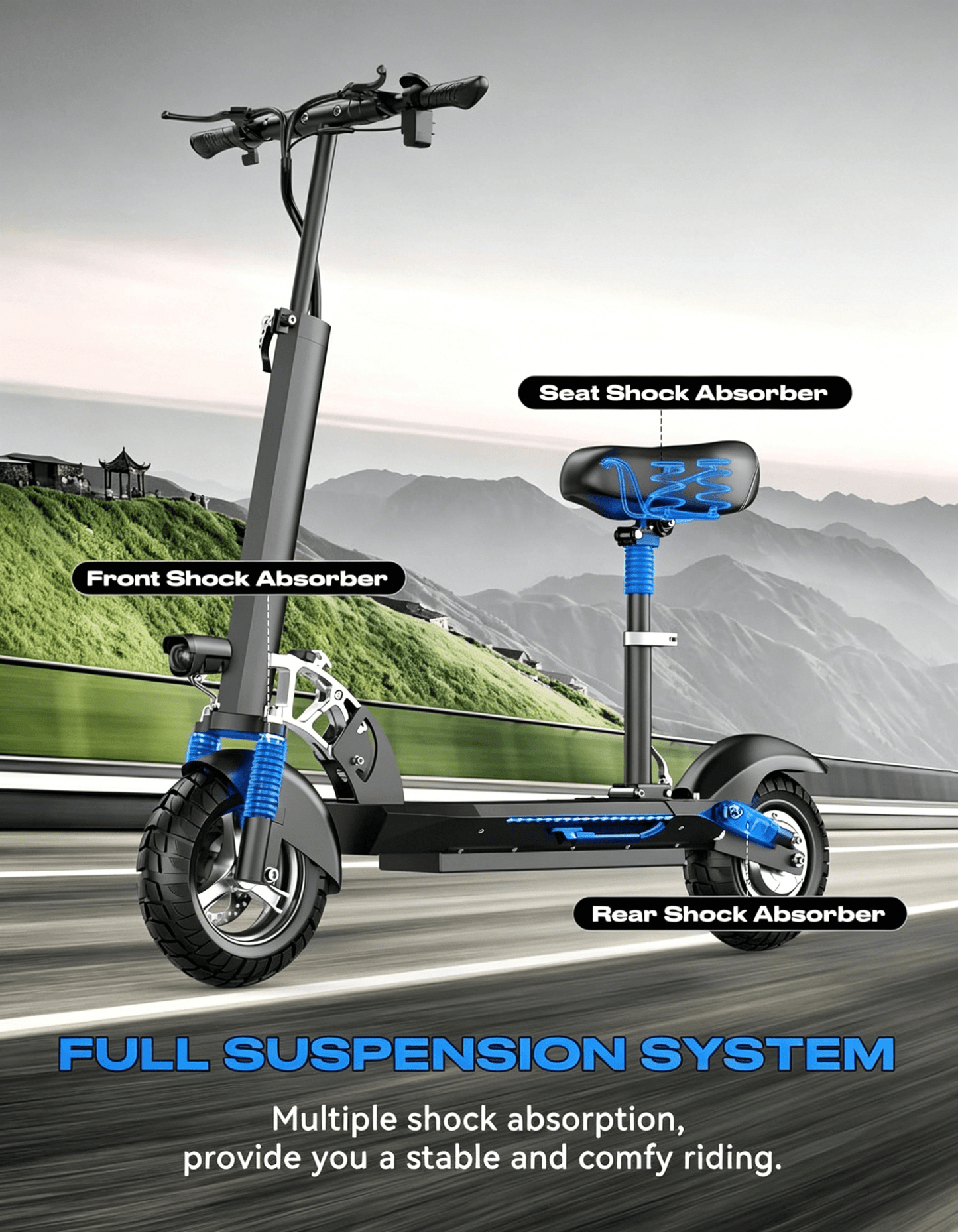 6MSKS M4X Urban commuter 10-inch electric scooter 48V 800W powerful motor maximum speed 28MPH maximum travel 50KM front and rear dual suspension shock absorption and double disc brake with seat package long commute