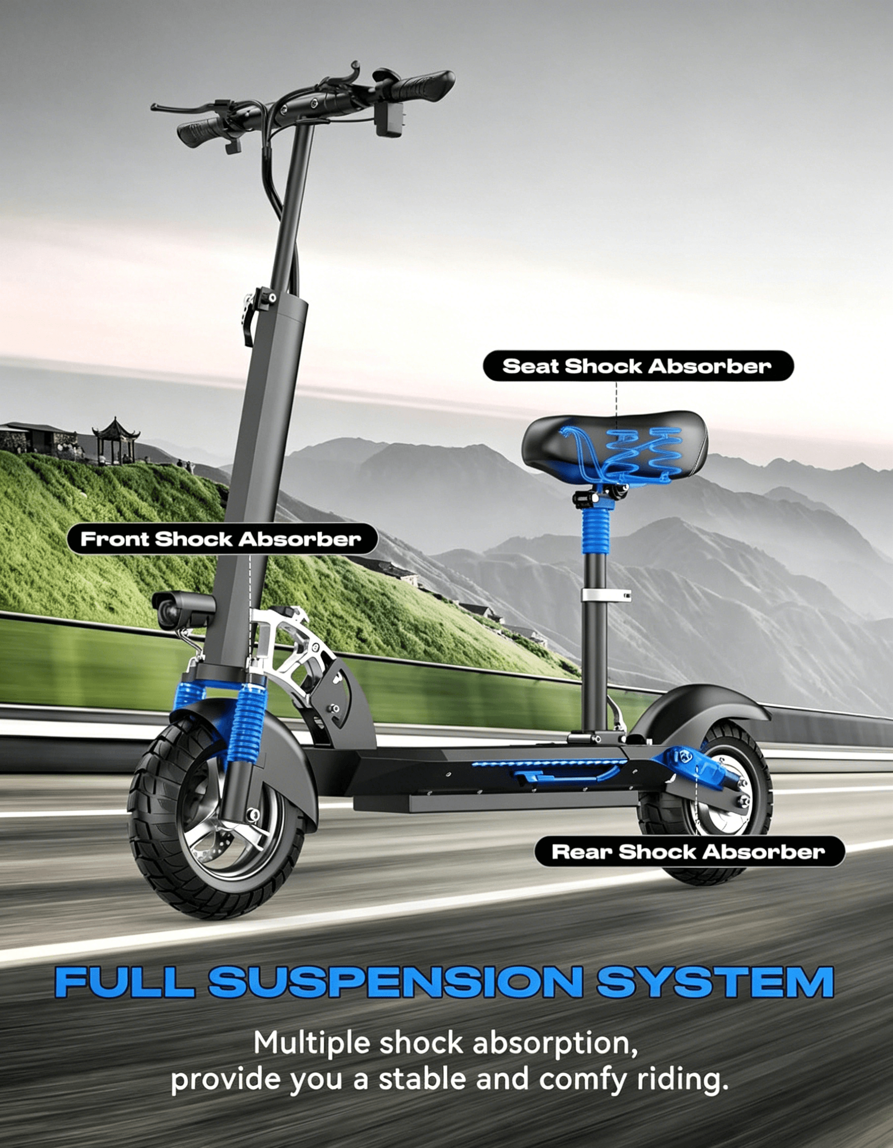 6MSKS M4X Urban commuter 10-inch electric scooter 48V 800W powerful motor maximum speed 28MPH maximum travel 50KM front and rear dual suspension shock absorption and double disc brake with seat package long commute