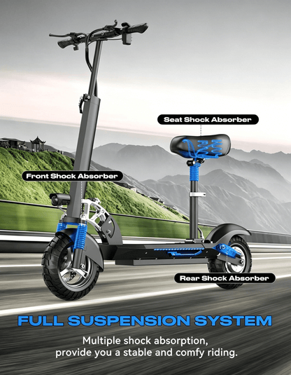 6MSKS M4X Urban commuter 10-inch electric scooter 48V 800W powerful motor maximum speed 28MPH maximum travel 50KM front and rear dual suspension shock absorption and double disc brake with seat package long commute